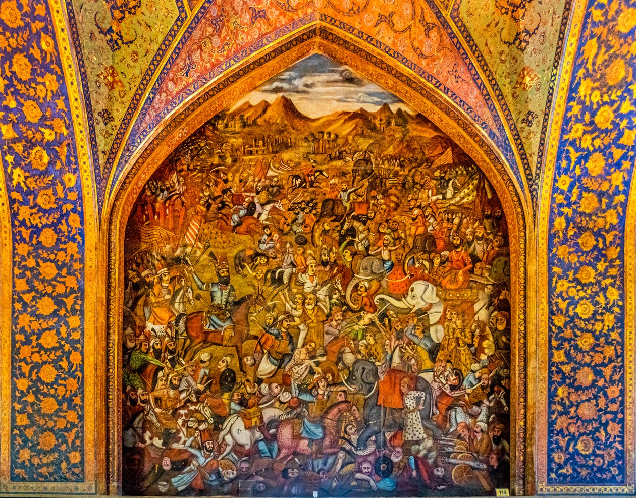 Osmanlı I. Selim'e karşı Çaldıran Savaşı 1514, saray sahneleri ve savaş sahneleri içeren freskler, Chehel Sotoun Sarayı, İsfahan, İsfahan, İran, Asya (fotoğraf) by Unbekannter Künstler