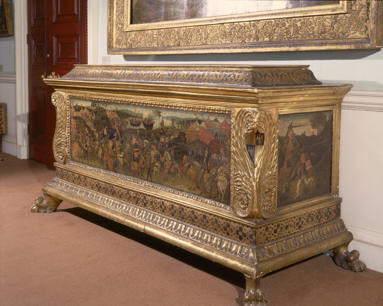 Cassone, Pompey ve Sezar Tarihinden Pharsalia Savaşı'nı tasvir eden boyalı paneller, Floransa Okulu by Unbekannt