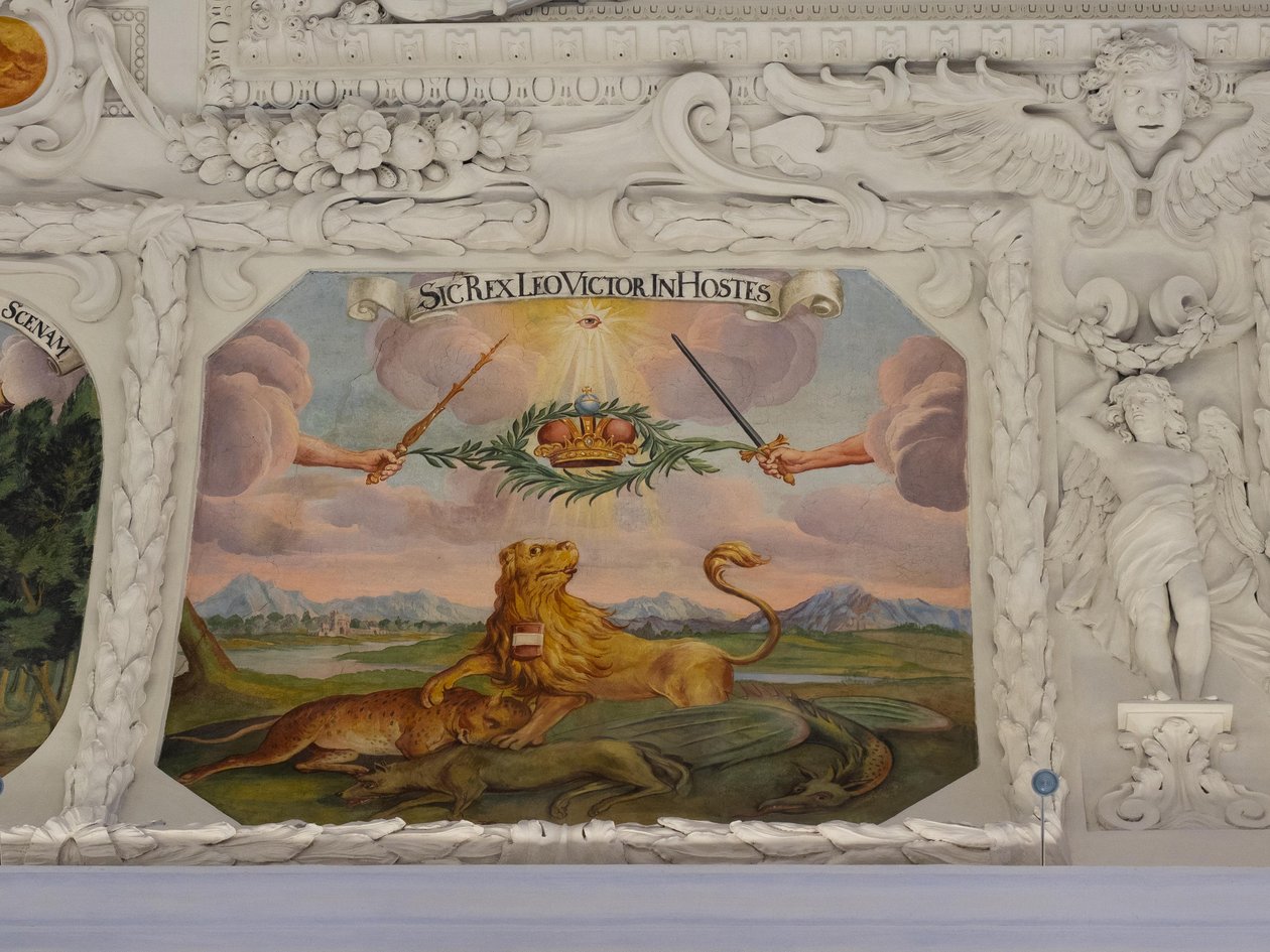 St Catherine Kilisesi'nin koridorundaki tavan freski, İmparator I. Leopold'un Osmanlılara karşı kazandığı zaferlerin alegorik tasvirleri, Habsburg Mozolesi, Graz, Steiermark, Avusturya, Avrupa (fotoğraf) by Unbekannter Künstler