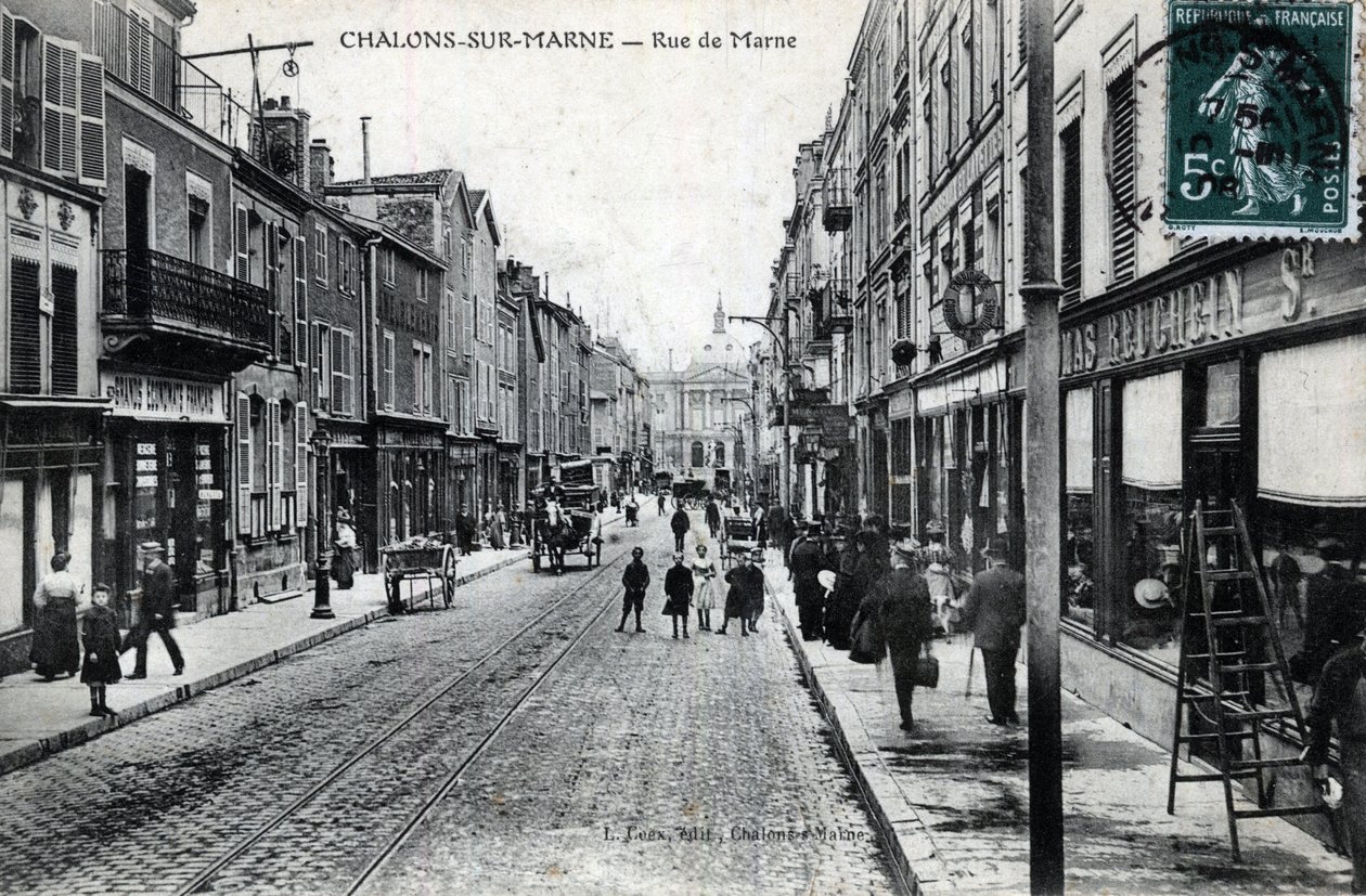 Champagne-Ardenne, Marne (51), Chalons sur Marne (Chalons-sur-Marne): rue de la Marne manzarası (şehir şimdi Chalons en Champagne (Chalons en Champagne) olarak anılıyor - 19. yüzyılın sonlarından 20. yüzyılın başlarından itibaren kartpostal by William M. Timlin