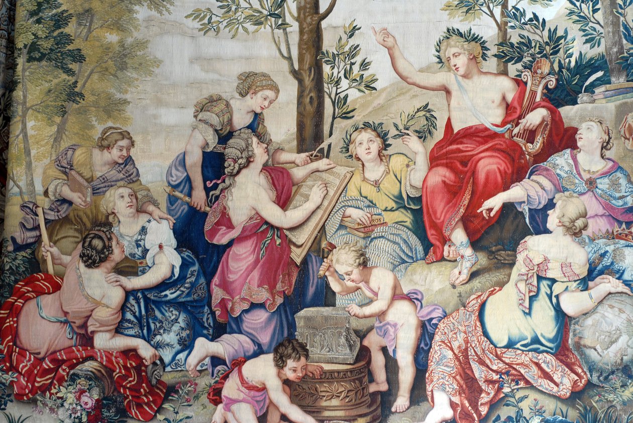 Chateau de Fontainebleau: Kralın kardeşi Mösyö Philippe Duc d'Orleans (1640-1701) için Chateau de Saint Cloud'da Pierre Mignard'ın harika tablolarından sonra 1687'den itibaren XIV.Louis için Gobelins fabrikasında dokunan detay, perdelik kum by Unbekannter Künstler