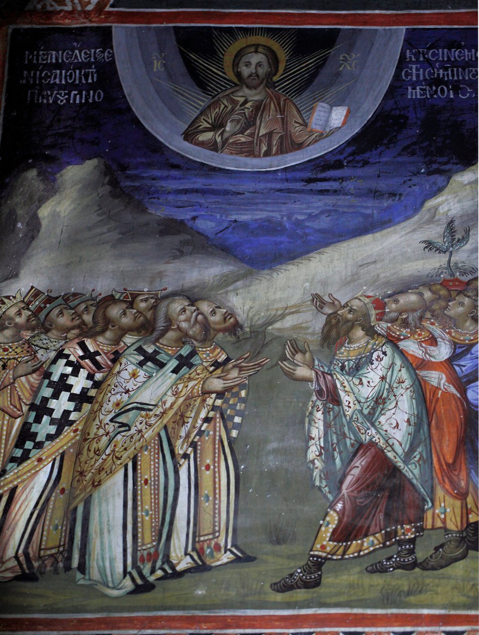 İsa Mesih geçici ve ruhsal güçleri kontrol ediyor Agios Ioannis Lampadistis manastırından Bizans freski, Saint-John Lampadistis 11. yüzyıl Kıbrıs Boyalı kiliseler UNESCO sitesi Trodos, Kıbrıs by William M. Timlin