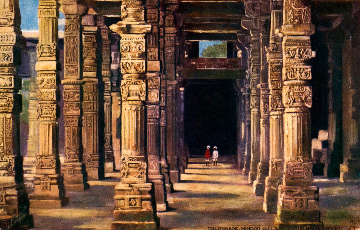 Hindu oymalarıyla kolonat, Kutub Minar, 20. yüzyılın başları (baskı) by Unbekannter Künstler