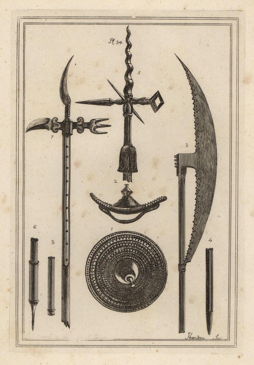İçbükey mermi 1,2, savaş baltası 3,4, sırık baltası 5,6 ve İngilizlerin İskoçlara karşı kullandığı ilginç antik silah 7,8 by Unbekannt