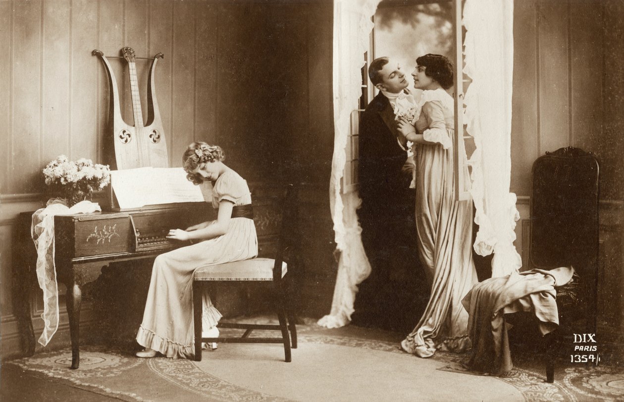 Kur Yapan Çift ve Piyano Çalan Genç Kız, Paris, 1920 dolayları (kartpostal) by Unbekannter Künstler