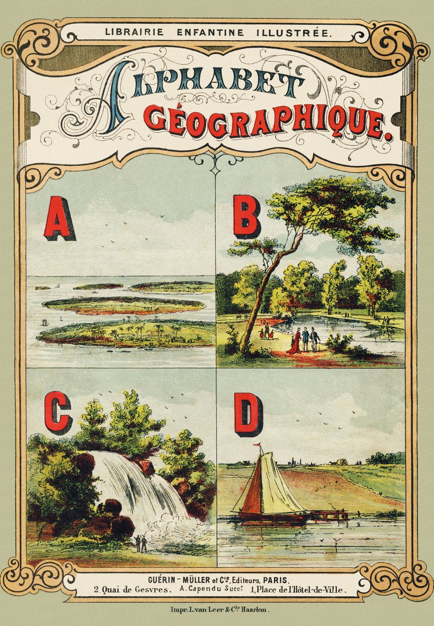 Kapak: A: takımadalar, B: Bois de Boulogne, C: şelale, D: dayk - Coğrafi Alfabeden alınmış gravür. Guerin-Muller ve Cie, yayıncılar, Paris by Unbekannt