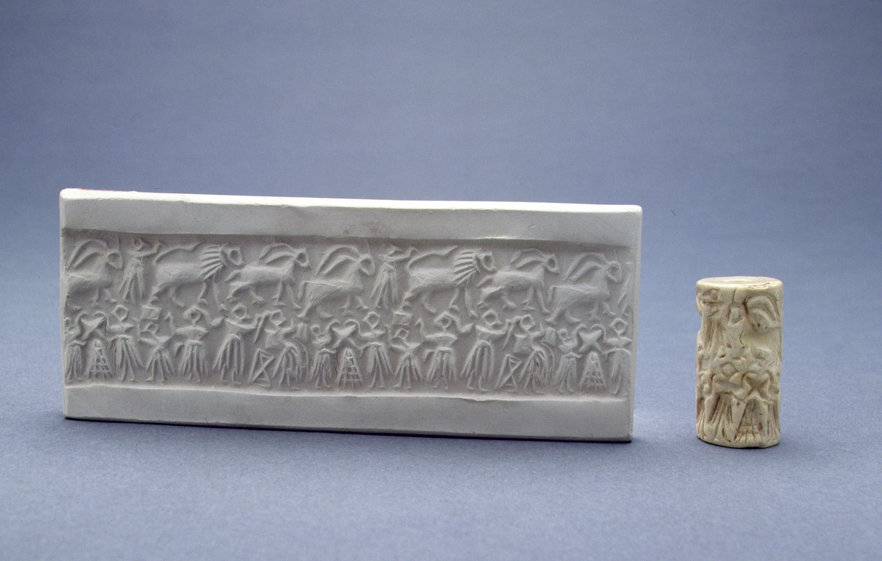 Silindir mühür, alçı baskı ile gösterilmiştir, Mezopotamya, Sümer (Erken Hanedan III), MÖ 2500 dolayları (taş) by Unbekannt