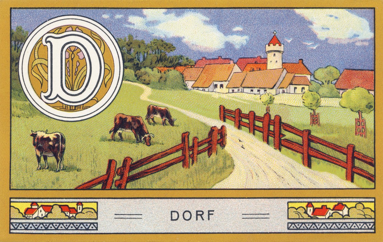 D: Dorf - Alfabe Palmin. H. Schlinck & Cie, Hamburg, s. d. . Palmin feinstes Cocosfett için reklam. Boyutlar: 7 x 11 cm by William M. Timlin