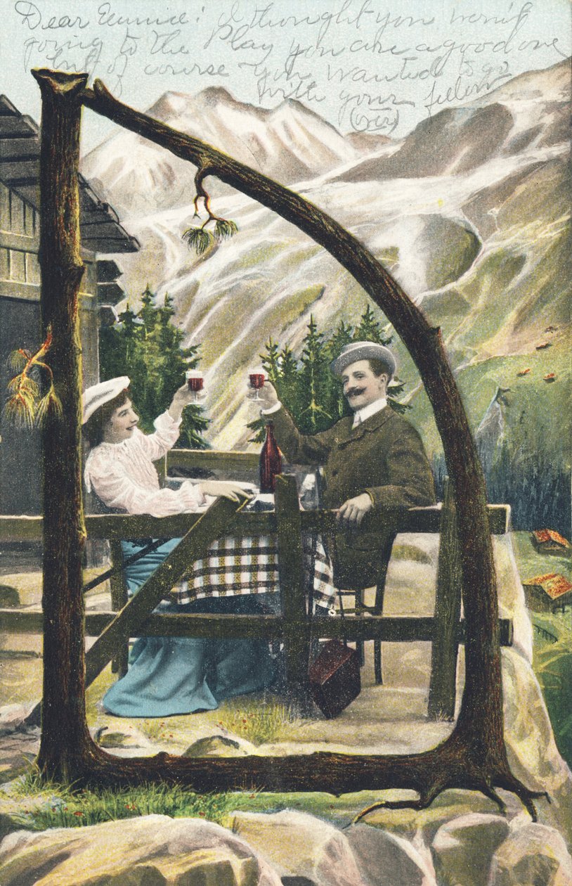 D: Bir dağ dağ evinin önündeki masada oturan bir kadın ve erkek bardakları, ellerinde bir kadeh şarap - Alfabe karakterleri Ref Th. E., L. Theochrom - Serie 994. Theodor Eisman, yayıncı, Leipzig by Unbekannt