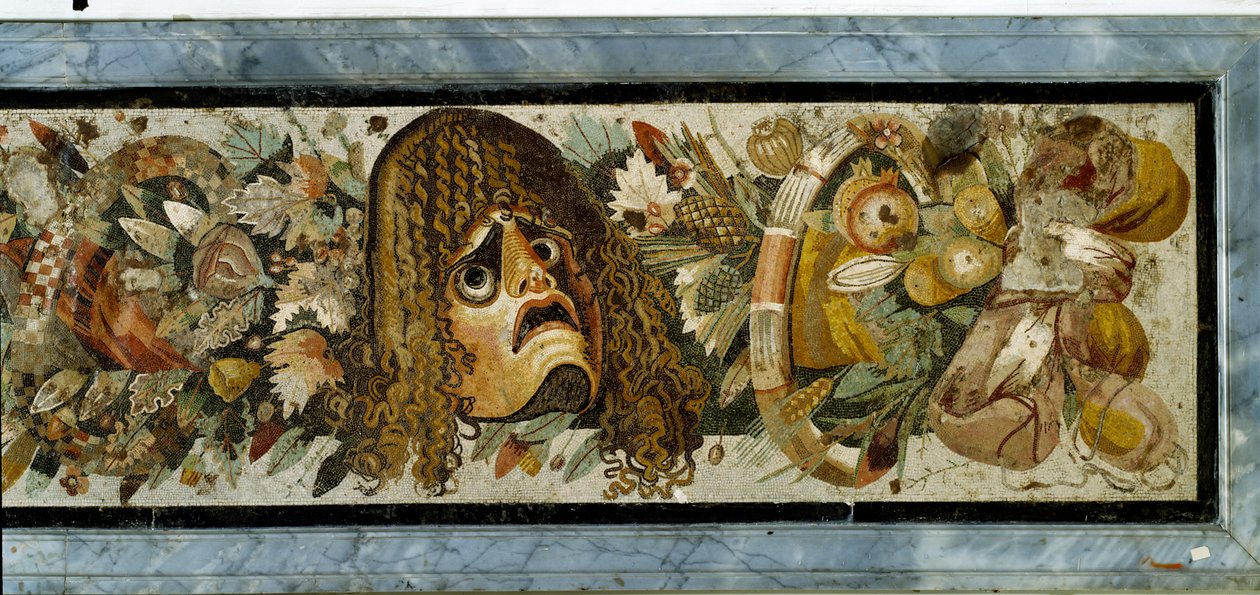 Faun Evi, Pompeii, MÖ 2. yüzyıla ait maskeler, yapraklar ve meyvelerden oluşan bir çelenk gösteren dekoratif panel (mozaik) by Unbekannt