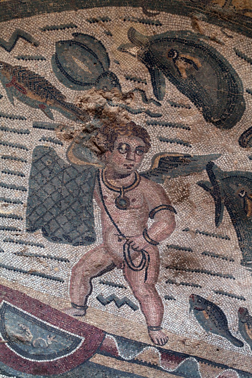 Balıkçı Putti mozaiğinin detayı. Ağ balıkçılığı. 3. - 4. yüzyıl. Casale, Sicilya