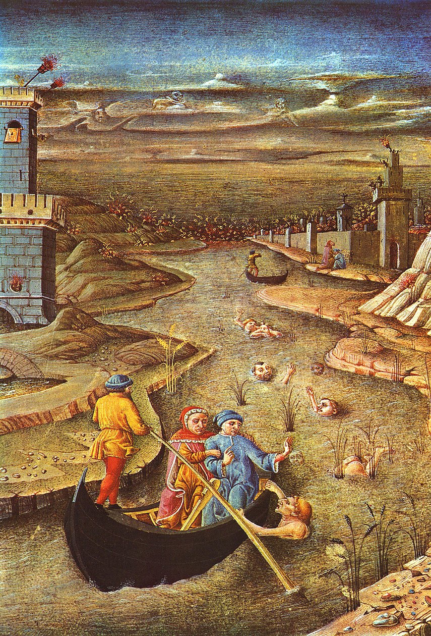İlahi Komedya: Charron#39;un taşıdığı Dante ve Virgil, lanet olası Filippo Argenti (minyatür) ile tanışır by Unbekannter Künstler