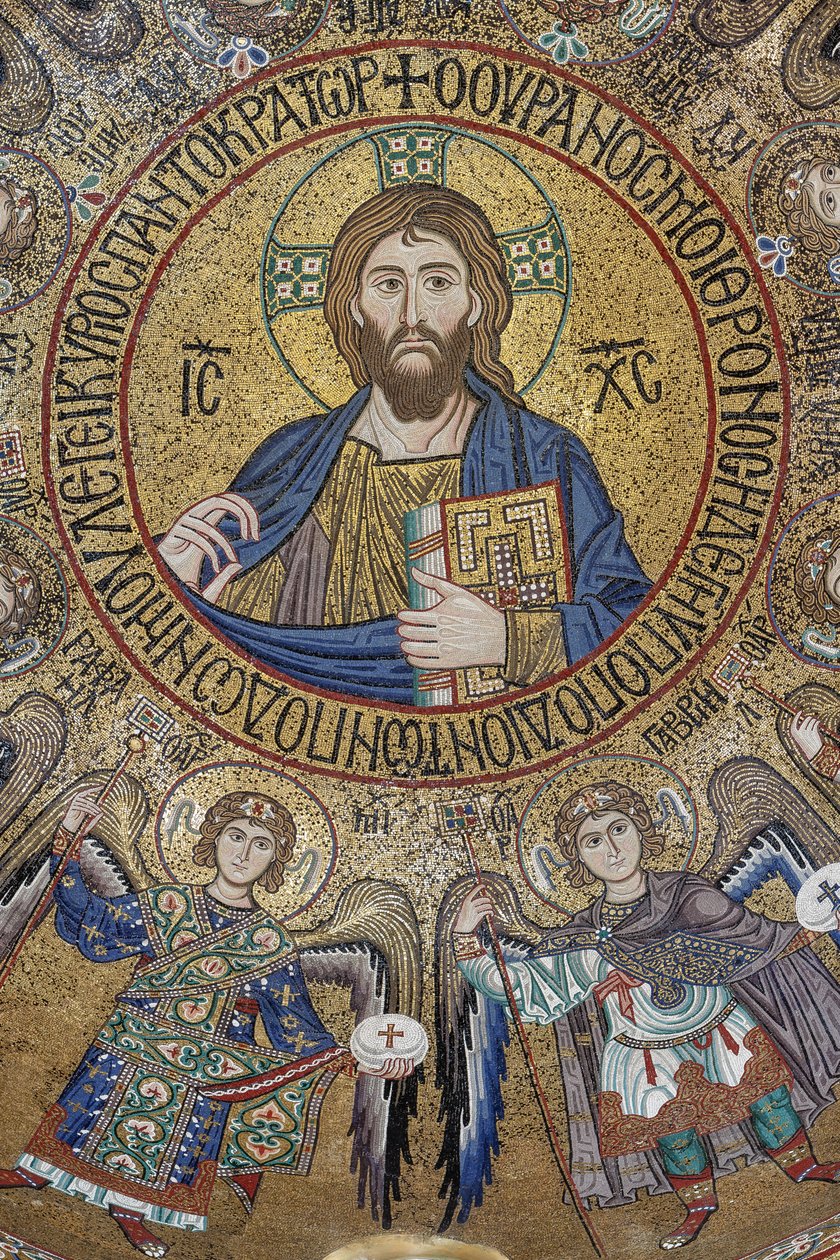 Transept kubbesi: mozaik "Melekler ve baş melekler arasında Blessing Christ Pantocrator", XII yüzyıl, Palatine Şapeli, Kraliyet Sarayı veya Palazzo dei Normanni (Norman Sarayı), Palermo, Sicilya, İtalya (fotoğraf) by Unbekannter Künstler