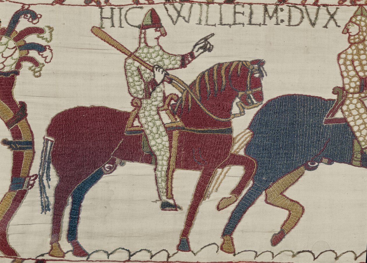Dük William, birliklerini kendilerini İngiliz ordusuna karşı savaşa hazırlamaya teşvik ediyor Bayeux Goblen (keten üzerine yün işlemesi) by Unbekannt
