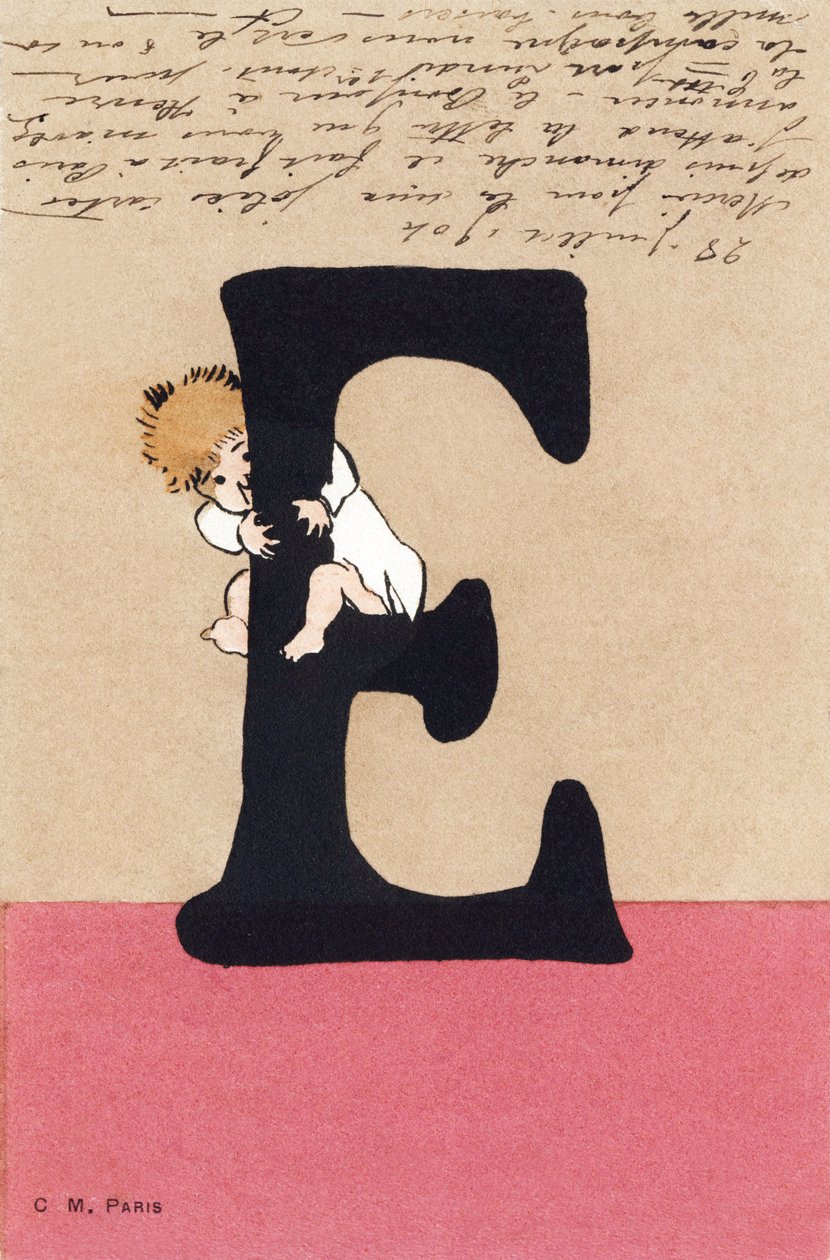 Sarılmak için E, öpücük - Çocuk Alfabesi. CM editörü, Paris. El boyaması kartpostallar, 1904