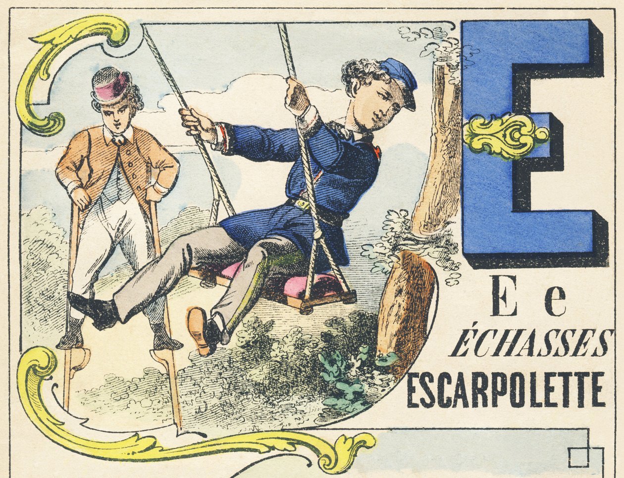 E : echasses, escarpolette - Games Alphabet, c.1890 (illüstrasyon) by Unbekannt