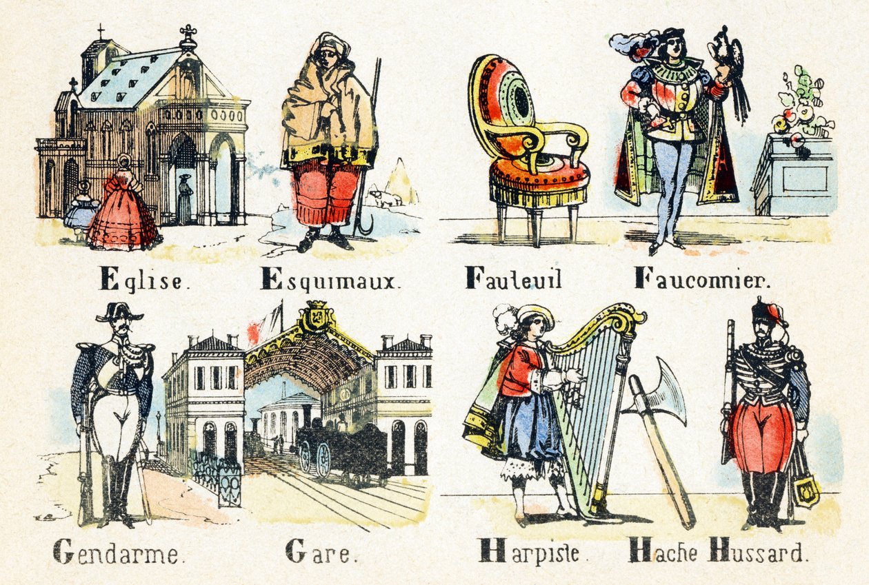 E Eskimo kilisesi - F falconer koltuğu - G istasyonu polis memuru - H hafif süvari eri baltası arp sanatçısı - Alfabe - çocuk eğlencesi - Görüntü epinal, popüler seri c.1890 (illüstrasyon) by Unbekannt