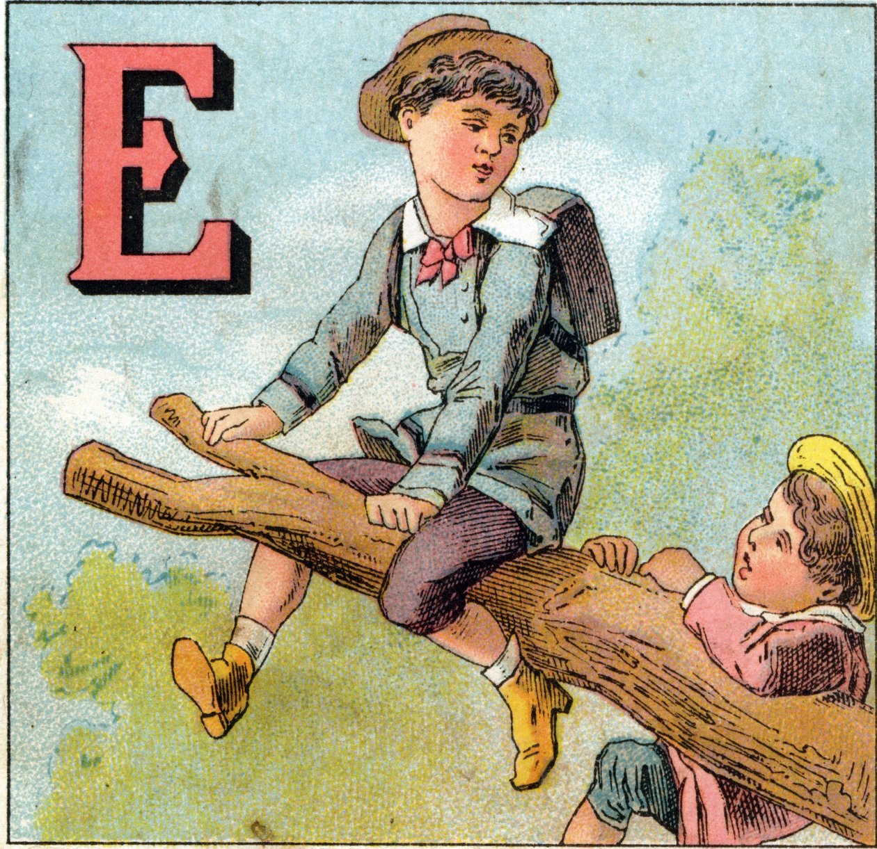 E harfleri: bir ağaç dalı üzerinde dengede çocuk. "Alphabet des petits ecoliers" de gravür. Epinal