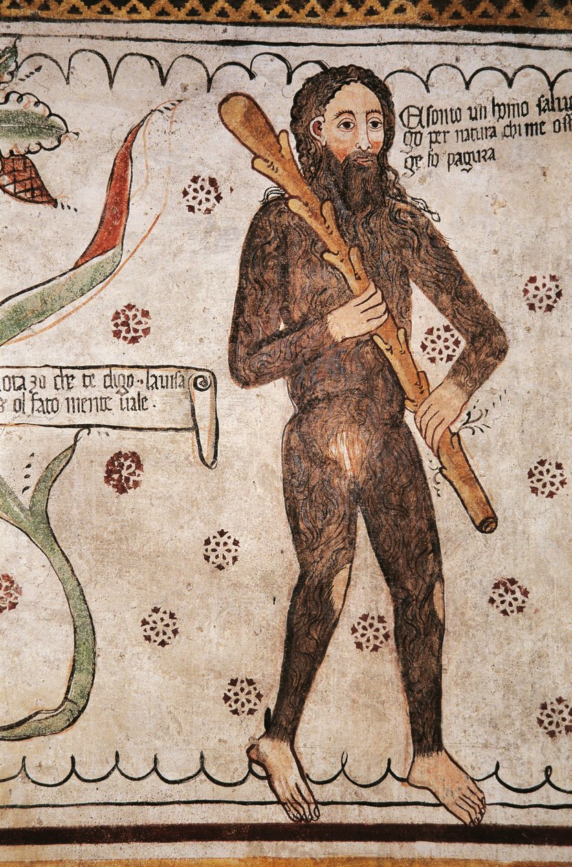 Ego sonto un homo salvadego per natura, chi me ofende ge fo pagura (doğal olarak vahşi bir adamım, beni gücendirenlere korku salacağım), fresk, Homo Salvadego müzesi, Sacco, Cosio Valtellino, Lombardiya, İtalya by Benjamin Baud