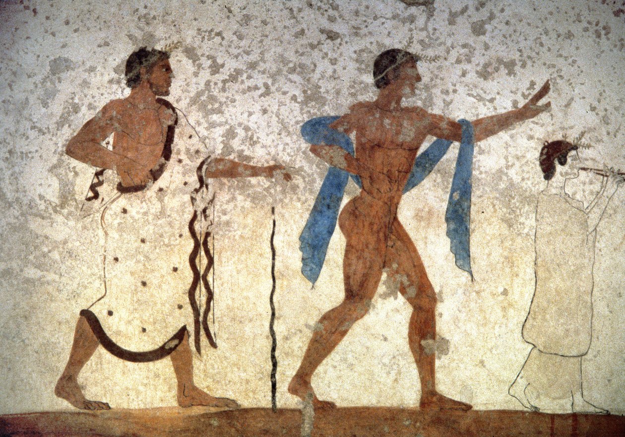 Öncesinde bir müzisyen ve tören ustası olan Ephebos gençliği, Dalgıç Mezarı, MÖ 480 (duvar resmi) by Unbekannter Künstler