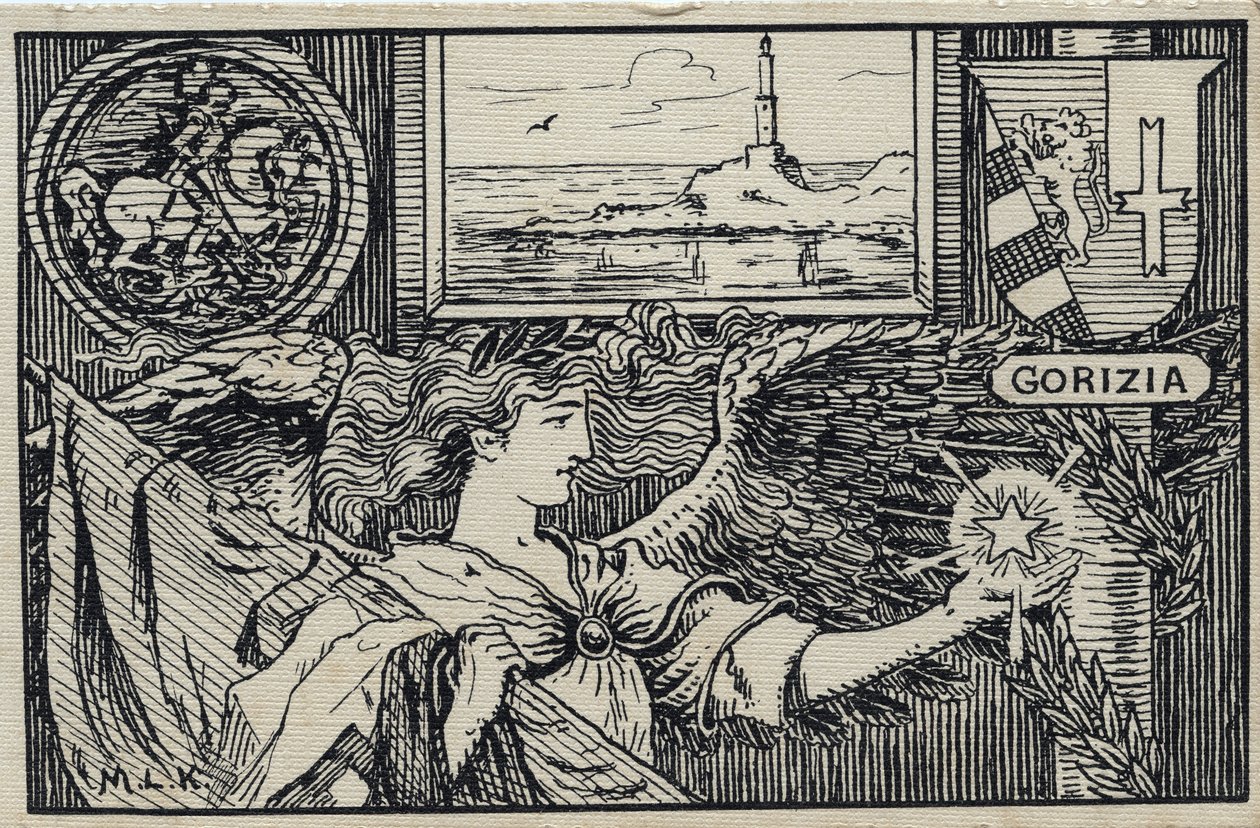 Birinci Dünya Savaşı (1914-1918): Gorizia'nın İtalya'ya bağlanması için İtalyan vatansever kartpostalı by Unbekannter Künstler