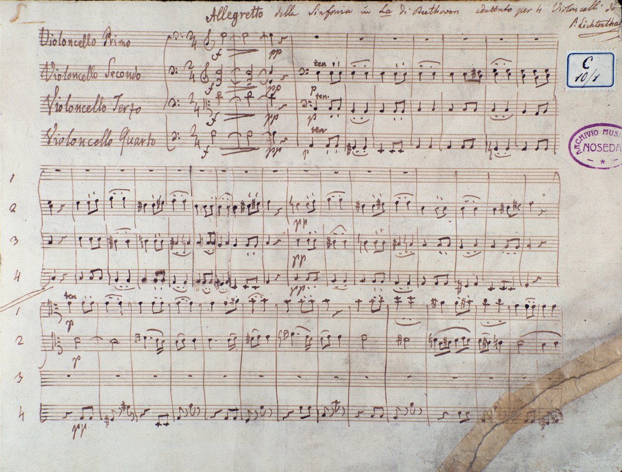 Symphony'nin dört çello skorunun ilk sayfası n. 7 tr A binbaşı, op. 92, Ludwig van Beethoven tarafından by Unbekannter Künstler