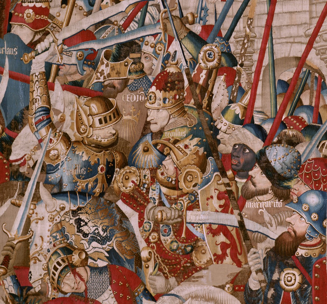 Flaman halısı. Truva Savaşı serisi. Aşil Çadırı (La Tienda de Aquiles). Serinin altıncı halısı. Model Coëtivy Master (Henry veya Conrard de Vulcop). Üretim Tournai atölyeleri. Ca 1470. Kumaş Yün ve ipek, cm başına 6/7 çözgü. Boyut 467 x 690 by Unbekannt