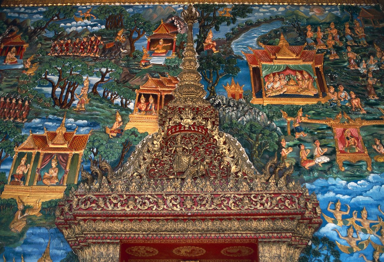 Fresk ve mimari detay, Wat That, 20. yüzyılda yeniden inşa edilen büyük kutsal stupa Luang Prabang (Unesco Dünya Mirası Listesi) by William M. Timlin