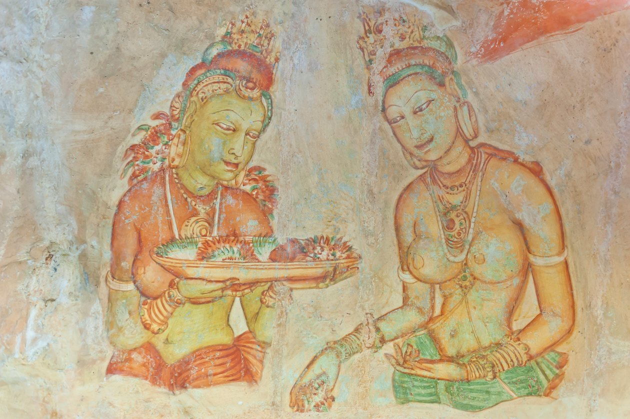 Fresk; çiçekli çıplak göğüslü kadın; Apsaralar; UNESCO Dünya Mirası Alanı; Sigiriya; Sri Lanka; Asya by Unbekannt