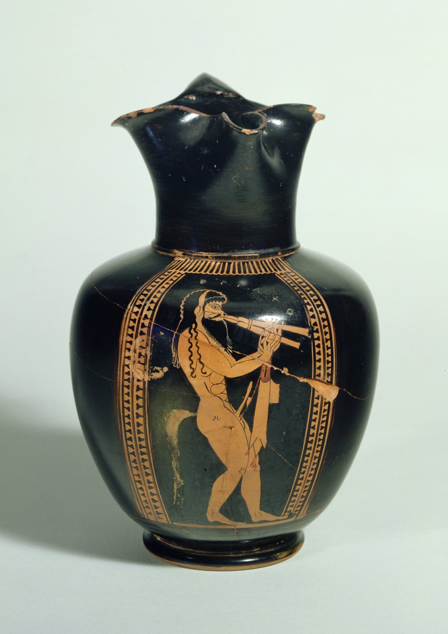 GR.126-1864 Oinochoe, çift flüt çalan Satyr ile süslenmiş, Attika kırmızısı figür, Atina, Yunan, MÖ 520 (kil) by Unbekannt