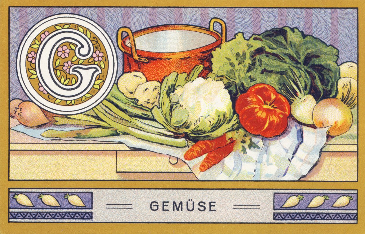 G: Gemuse - Alfabe Palmin. H. Schlinck & Cie, Hamburg, s. d. . Palmin feinstes Cocosfett için reklam. Boyutlar: 7 x 11 cm by William M. Timlin