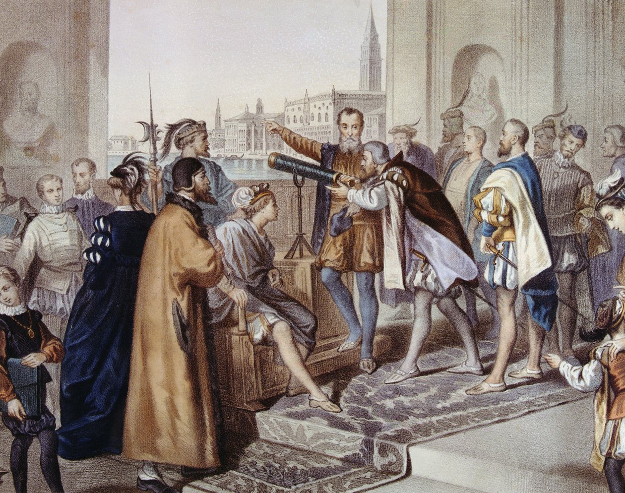 Galileo Galilei teleskobu (renkli taş) icadını gösteriyor by Unbekannter Künstler
