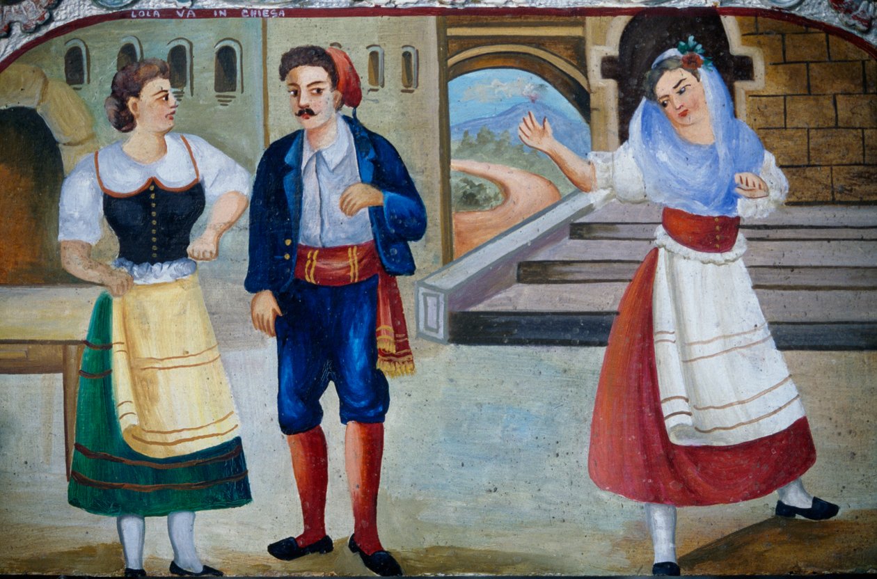 Kostümlü karakterler, ahşap panel boyama, Sicilya el sanatları, Sicilya, İtalya, Detay ile cesur sahne by William M. Timlin
