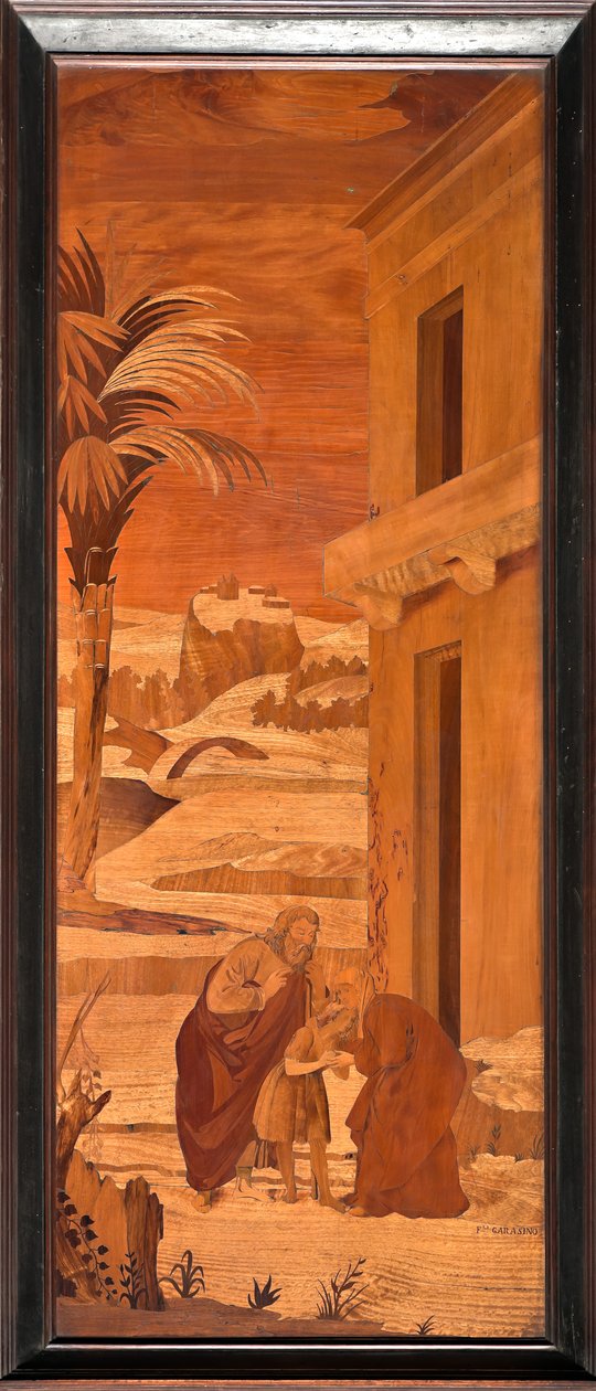 Cenova, Duomo (Aziz Lawrence Katedrali), iç kısım, apsis, koro, Kuzey tarafı: "Vaftizci Yahya ailesinden veda ediyor", Vincenzo e Tommaso Garassino tarafından ahşap kakma (XIX yüzyıl) by Unbekannter Künstler