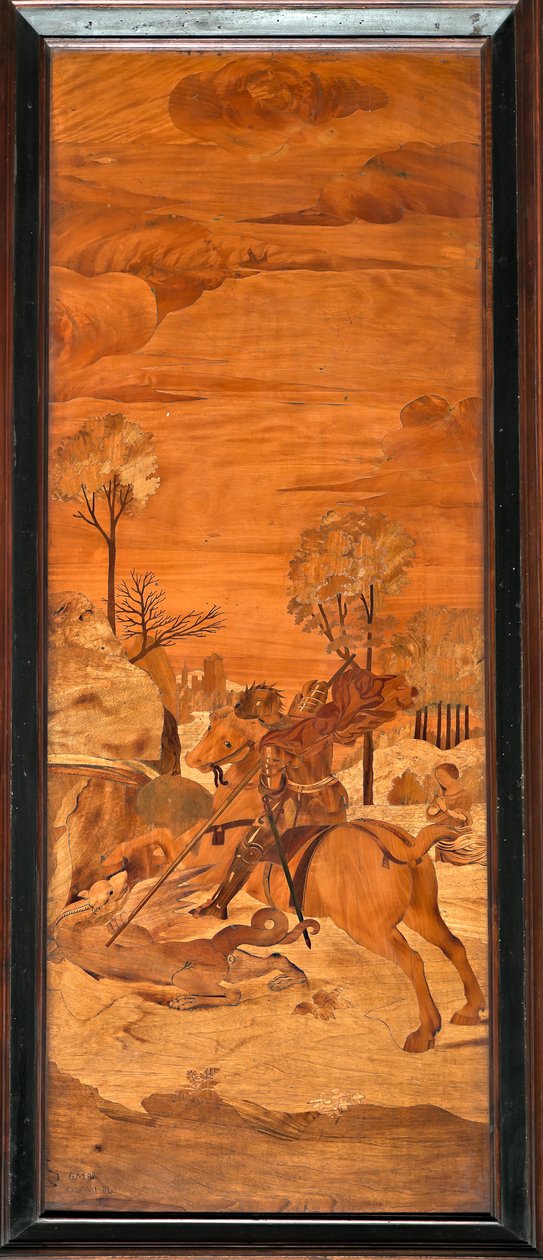 Cenova, Duomo (Aziz Lawrence Katedrali), iç kısım, apsis, koro, Güney: "Aziz George ve ejderha", Vincenzo e Tommaso Garassino tarafından ahşap kakma (XIX yüzyıl) by Unbekannter Künstler