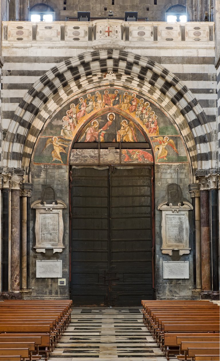 Cenova, Duomo (Aziz Lawrence Katedrali), içeride, endonarteks: karşı cephenin ve ana portalın görünümü by Unbekannter Künstler
