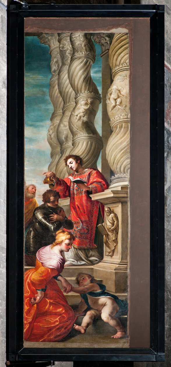 Cenova, Duomo (Aziz Lawrence Katedrali), iç kısım, sol koridor, güney tarafı transeptli organın orijinal kapıları: Andrea Ansaldo tarafından "Aziz Lawrence St Romanus