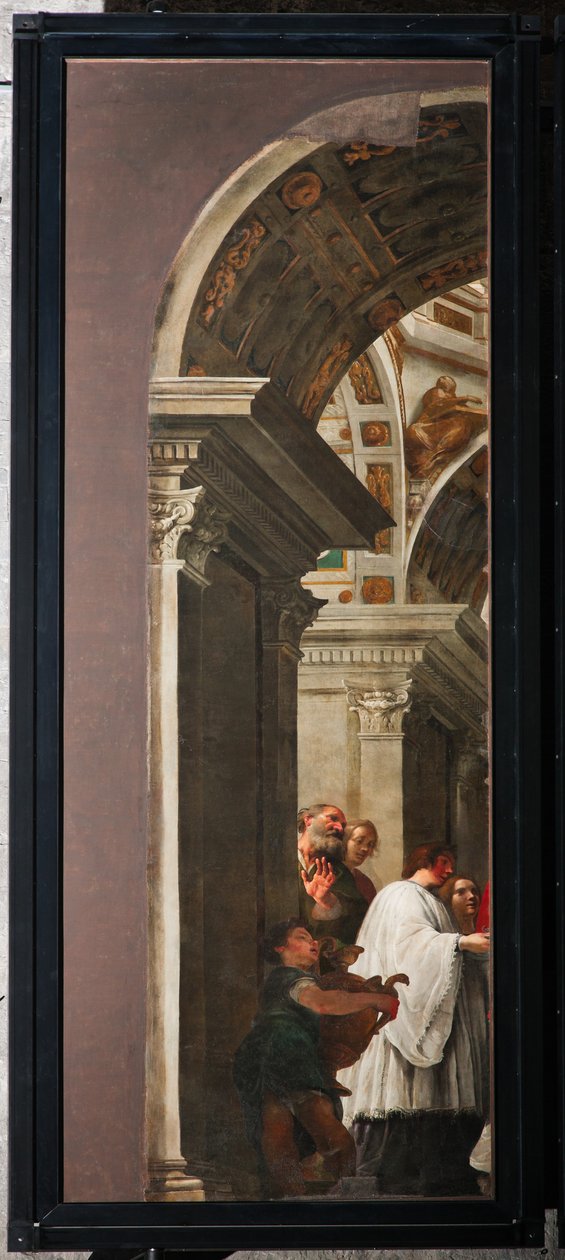 Cenova, Duomo (Aziz Lawrence Katedrali), iç kısım, sol koridor, güney tarafı transeptli organın orijinal kapıları: "Aziz Lawrence, Kilisenin hazinesini fakirlere dağıtır" (1635), Andrea Ansaldo tarafından by Unbekannter Künstler