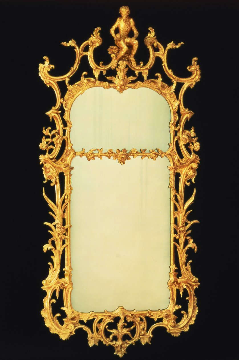 George III yaldızlı ahşap payanda aynası, iki plakalı, ayrıntılı tepeli, taştan yapılmış bir sehpa üzerinde bir maymun figürüyle ortalanmış, c.1765 by Unbekannt