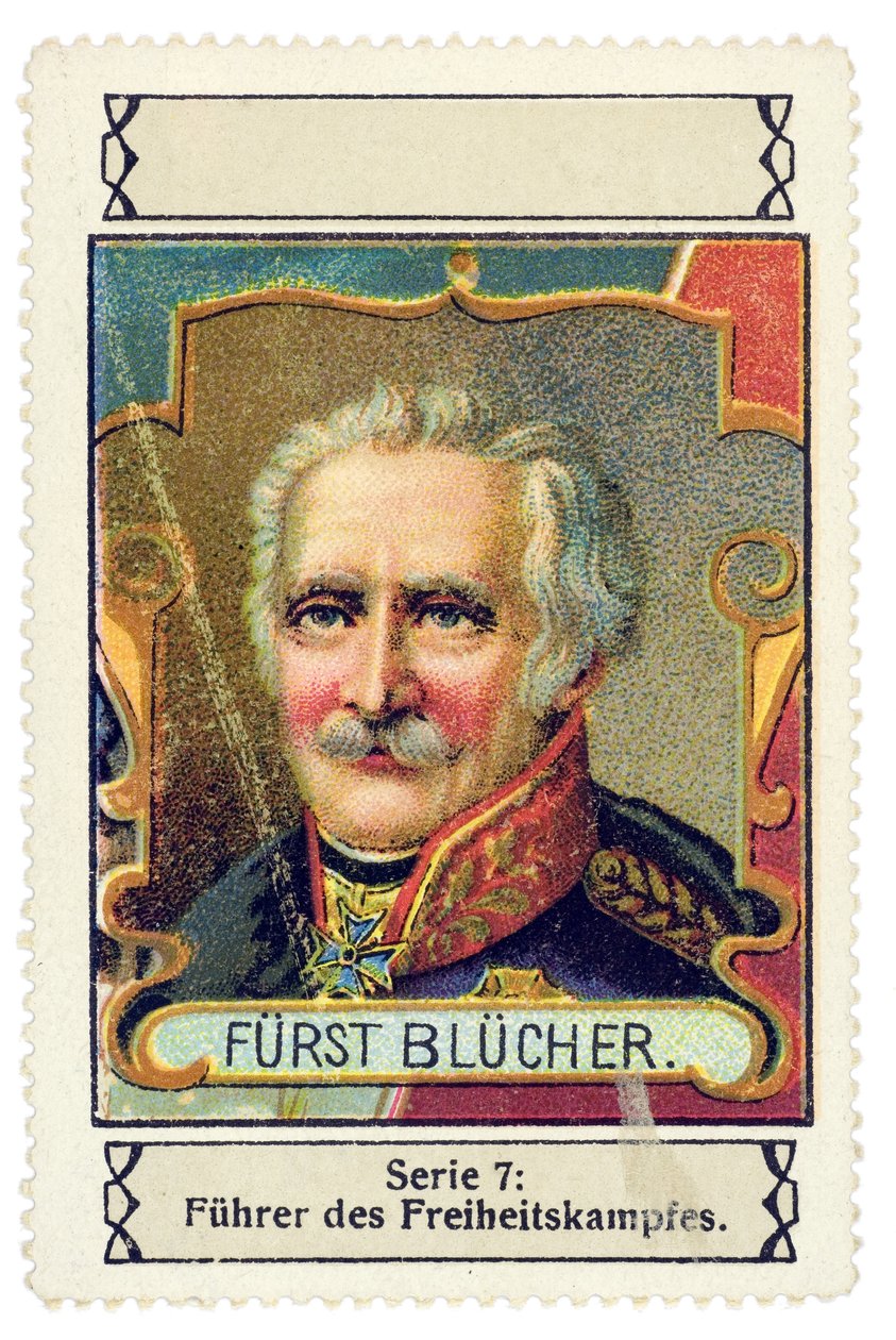 Waterloo Muharebesi'ndeki Alman komutan Gebhard Leberecht von Blucher'in (1742-1819) heykelinin bulunduğu Alman pulu. Kromolitografi serisi "Fuhrer des Freiheitskampfes"", 20. yüzyılın başı by Unbekannter Künstler