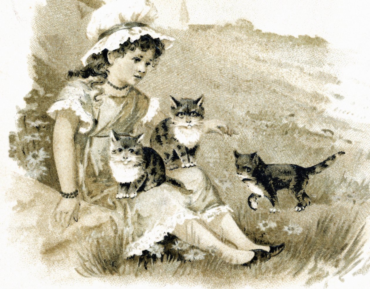 Dizlerinin üzerinde kedilerle dönen kız. 1900 civarında kartpostal. Kromolitografi by Unbekannt