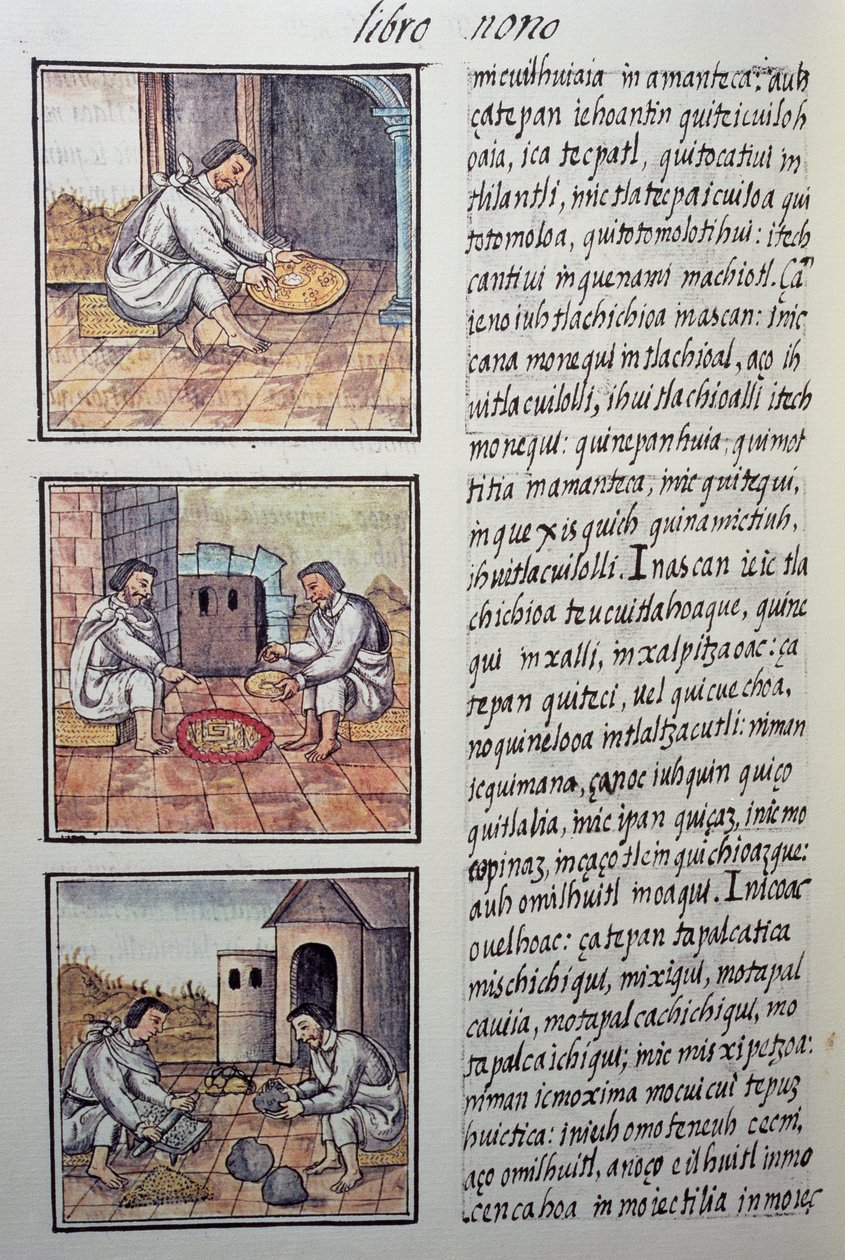 İspanyol fetihinden sonra altın işleme, İspanyol misyoner Fray Bernardino de Sahagun (1499-1590) tarafından Florentine Codex, Yeni İspanya Şeylerinin Genel Tarihi