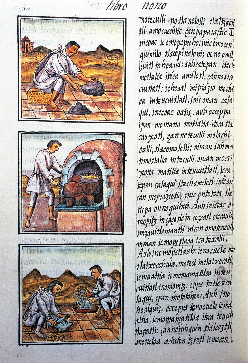 İspanyolca tarafından altın işleme, Nahuati dilinde metin, Bernardino de Sahagun tarafından Florentine Codex olarak da bilinen Yeni İspanya Şeylerinin Genel Tarihinin tıpkıbasımının tıpkıbasımından by Benjamin Baud