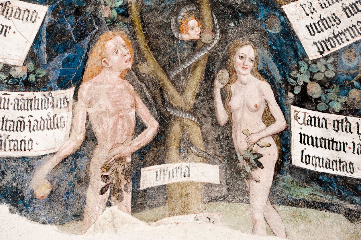 Gotik fresk; Adem ve Havva günah işliyor; yılan ile; 8. Manastır; Katedral; Briksen; Güney Tirol; İtalya; Avrupa by Unbekannt