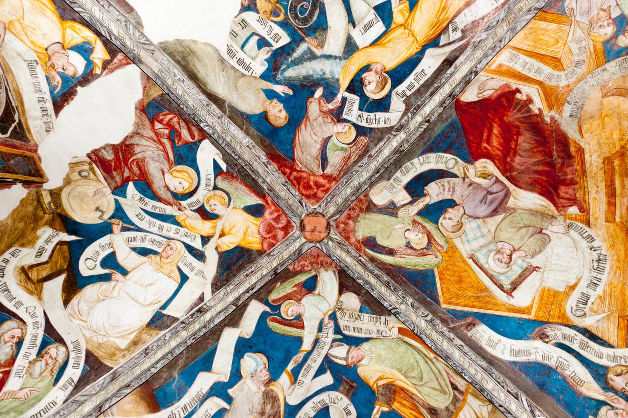 Gotik fresk; erdemin övülmesi; kötülüğün kınanması; yazı ile; 10. manastır; Katedral; Briksen; Güney Tirol; İtalya; Avrupa by Unbekannt