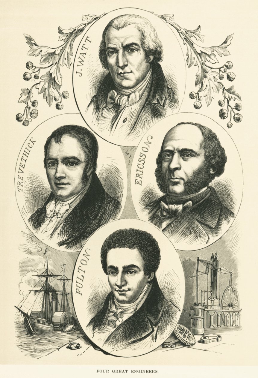 Büyük Mühendisler ve Mucitler: James Watt, John Ericsson, Robert Fulton, Richard Trevithick, , c.1880 (s/b fotoğraf) by Unbekannt
