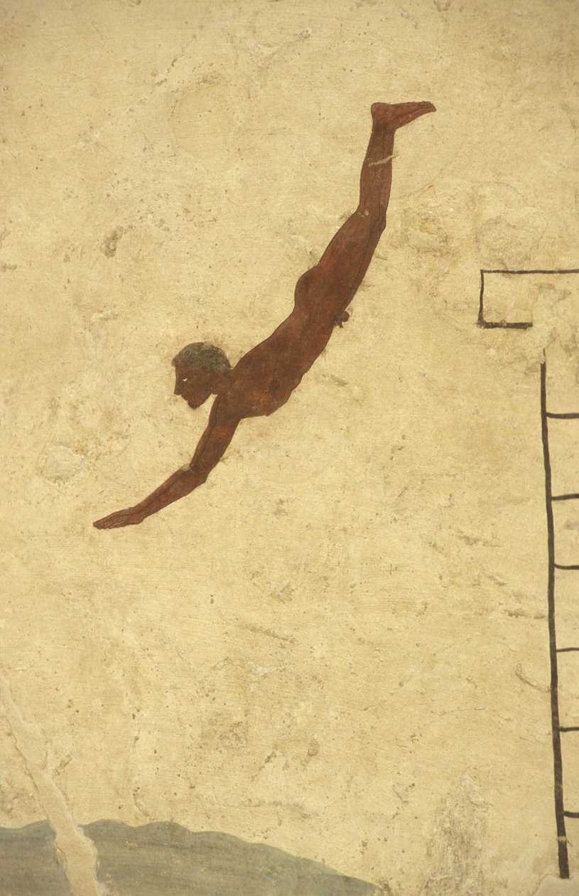 Yunan Sanatı: Dalgıç Mezarı Fresk, Paestum, Campagnie Bölgesi, İtalya. Dalgıç Mezarı, duvar resmi, Paestum arkeoloji parkı, Campania, İtalya by William M. Timlin