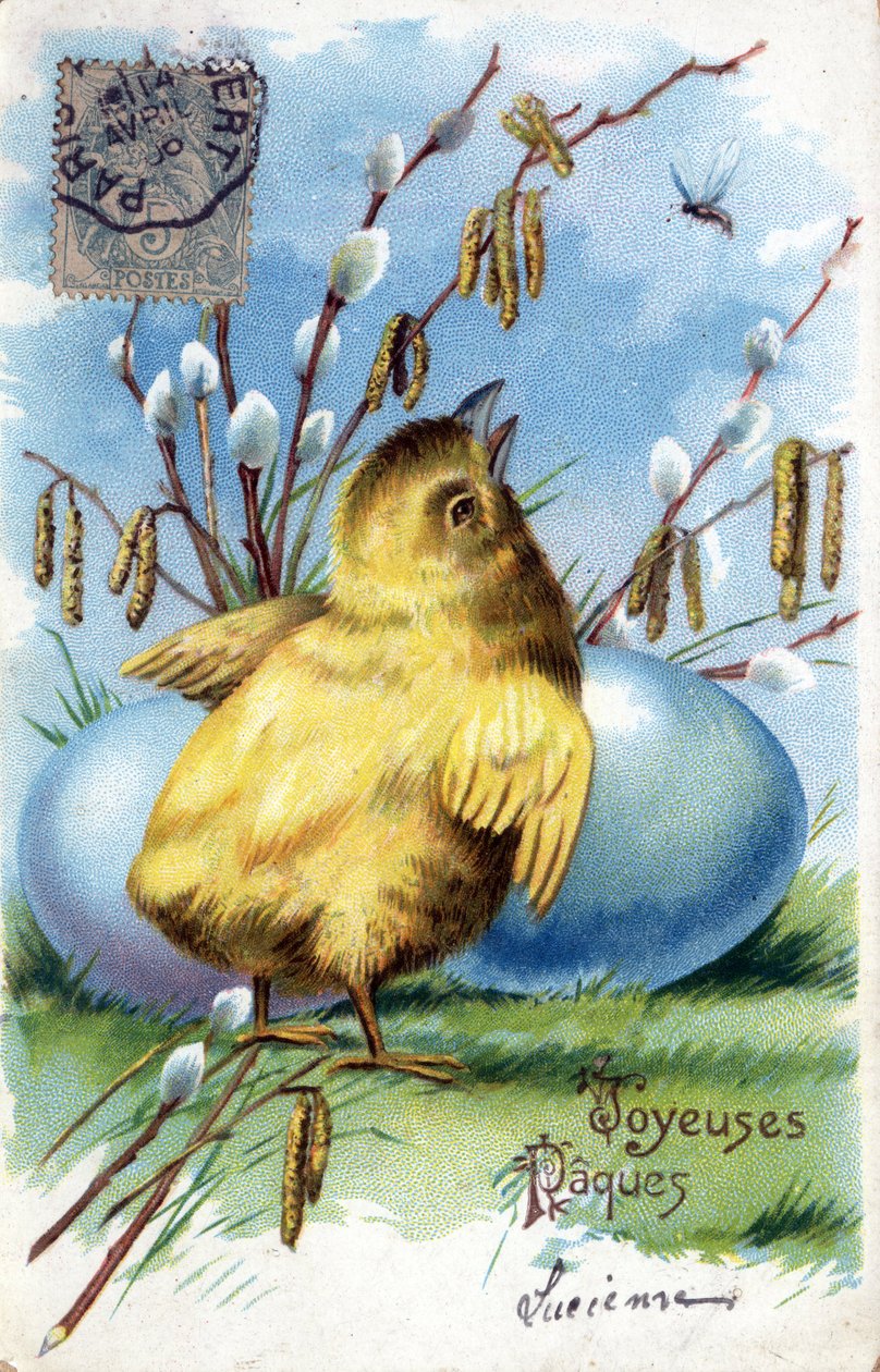 Paskalya için Tebrik Kartı: bir civciv ve yumurta - 1906 tarihli kartpostal by Unbekannt