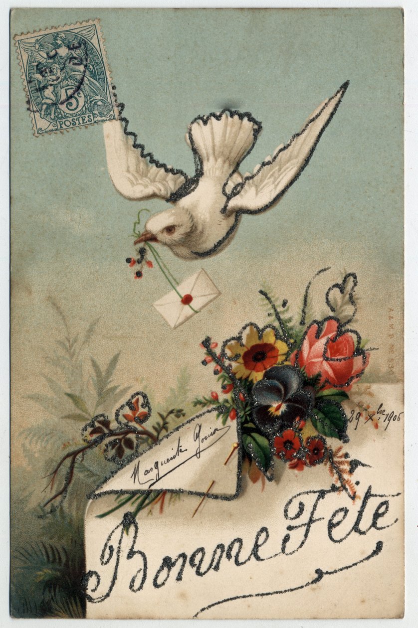 Tebrik kartı: bir kuş mühürlü bir mektup getiriyor - 1906 tarihli kartpostal by Unbekannt