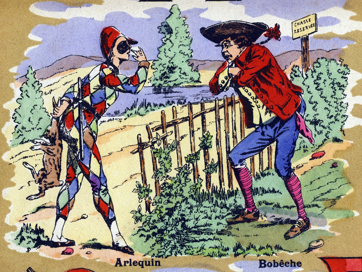 Harlequin ve Bobeche. Resimli alfabe. Görüntüler 20. yüzyılın başında Jarville-Nancy